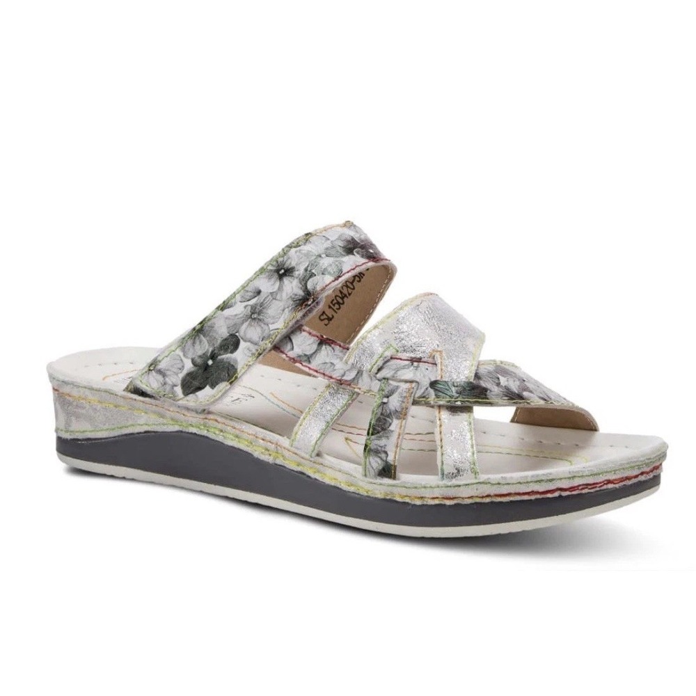 NIB L'Artiste 42 10.5 11 Caiman Silver Floral Leather Slide Sandals Hand Painted